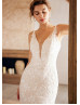 Plunging Neck Ivory Lace Tulle Rustic Wedding Dress